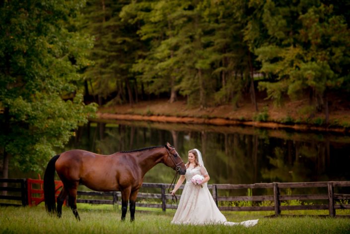 Horse and bride pose for bridal portrait at a farm in Hanover, VA