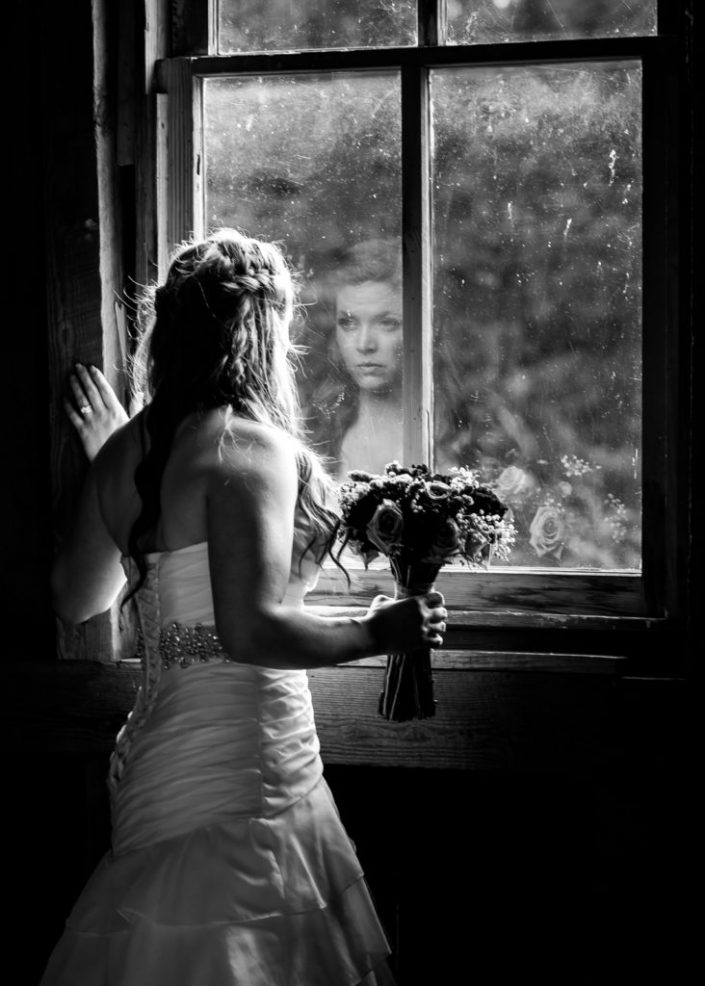 Beautiful Black and white reflection of bridal portrait in barn in Fredericksburg, VA