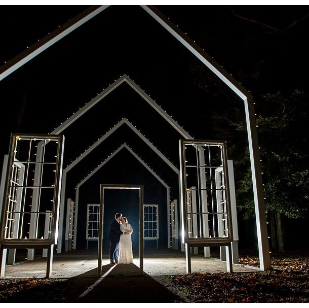 Night portrait of the bride and groom at Historic Pole Green Church in Mechanicsville VA