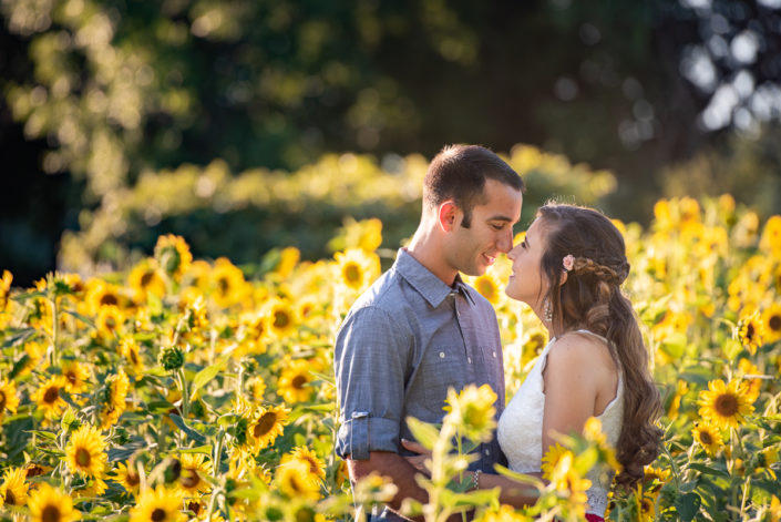 Engagment photo in sunflowers field in August Chesterfiled, VA