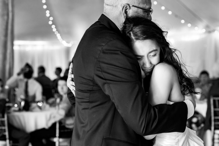 Black and white emotional photo of father daughter dance at Historic Manakin Mansion in Richmond, VA
