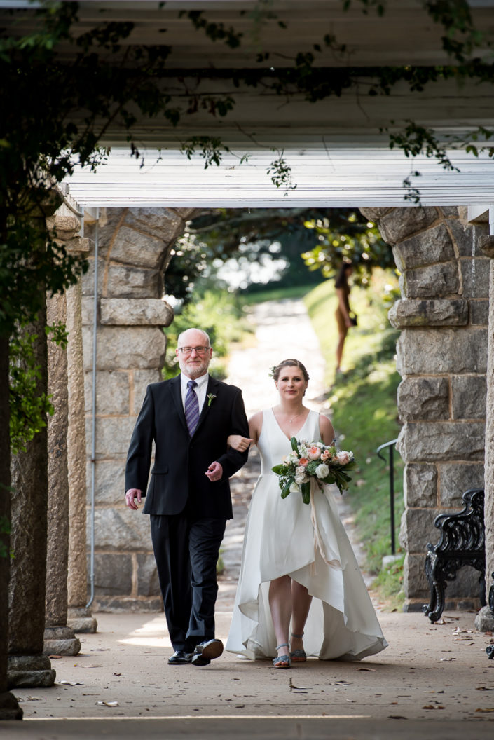 Bride and father walk down the aisle at Maymont park Italian Gardens wedding Richmond Virginia