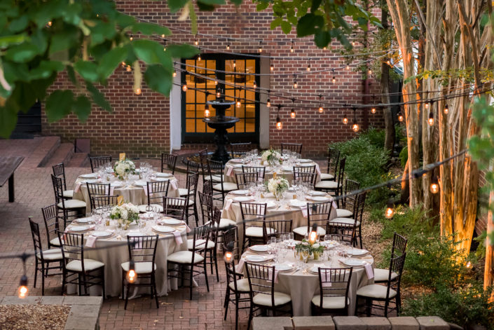Beautful tables set for a wedding reception at Linden Row Inn in downtown RVA