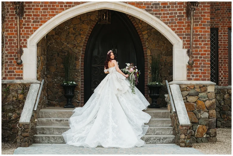 Cinderella gown at Dover Hall steps in Manakin-Sabot VA