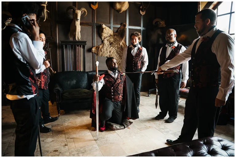 Groomsmen get dressed in the Billiards room at Dover Hall