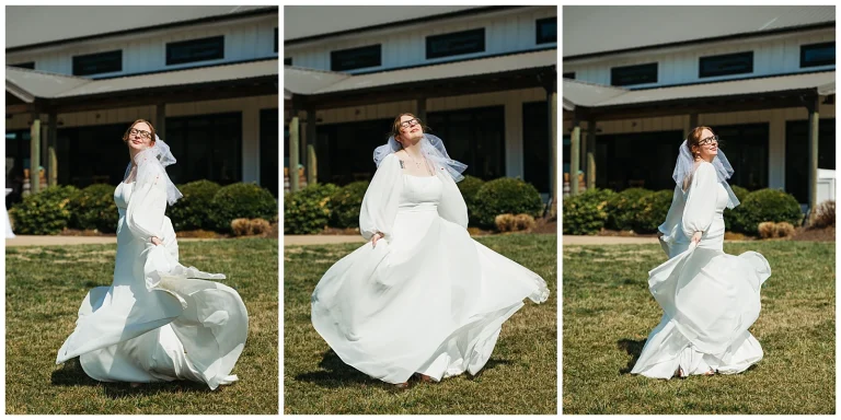 Bride twirling in her dress at Oakdale in Ashland VA