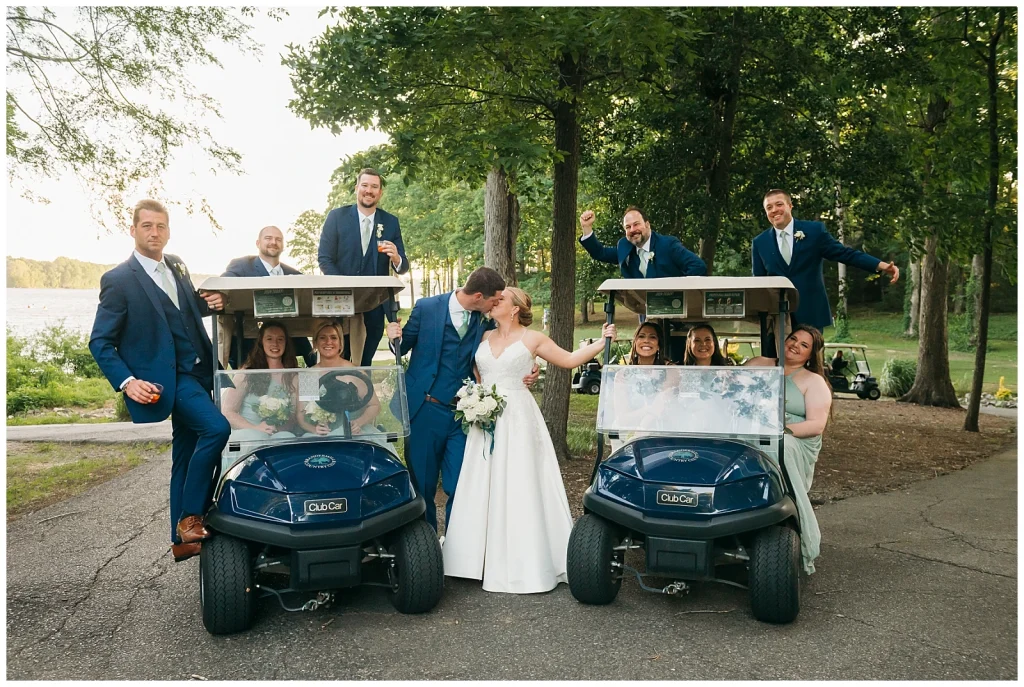 A wedding party have some fun in golf carts at Brandermill Country club in Midlothian VA