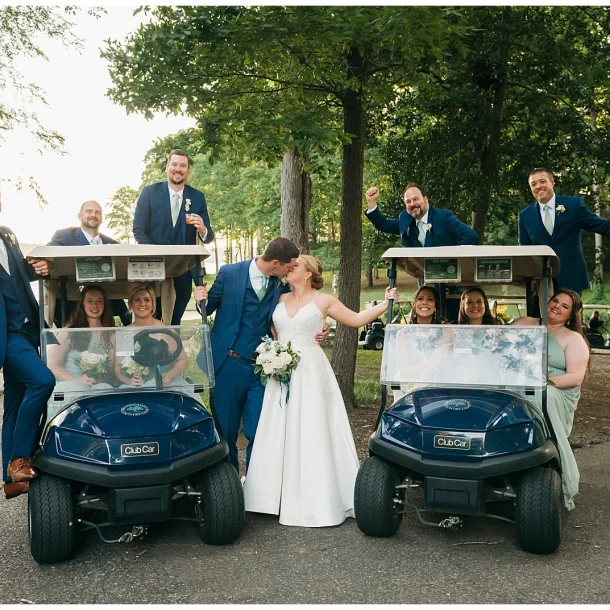 A wedding party have some fun in golf carts at Brandermill Country club in Midlothian VA
