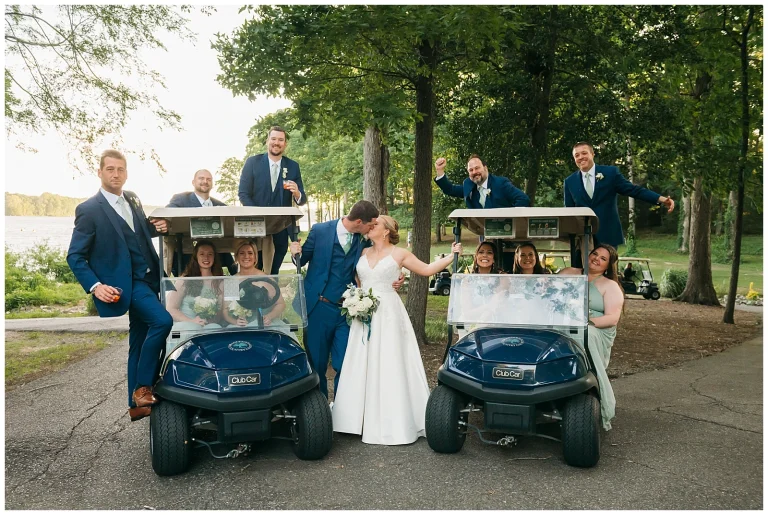 A wedding party have some fun in golf carts at Brandermill Country club in Midlothian VA