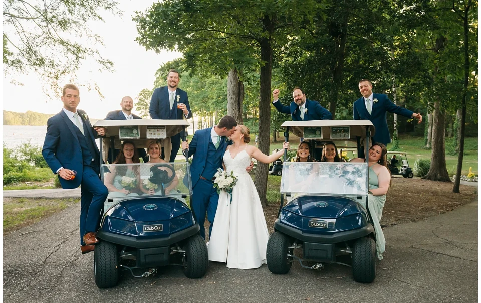 A wedding party have some fun in golf carts at Brandermill Country club in Midlothian VA