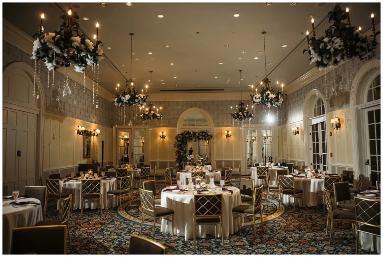 Reception set up for a winter wedding in the Robins Room at Lewis Ginter Botanical Garden
